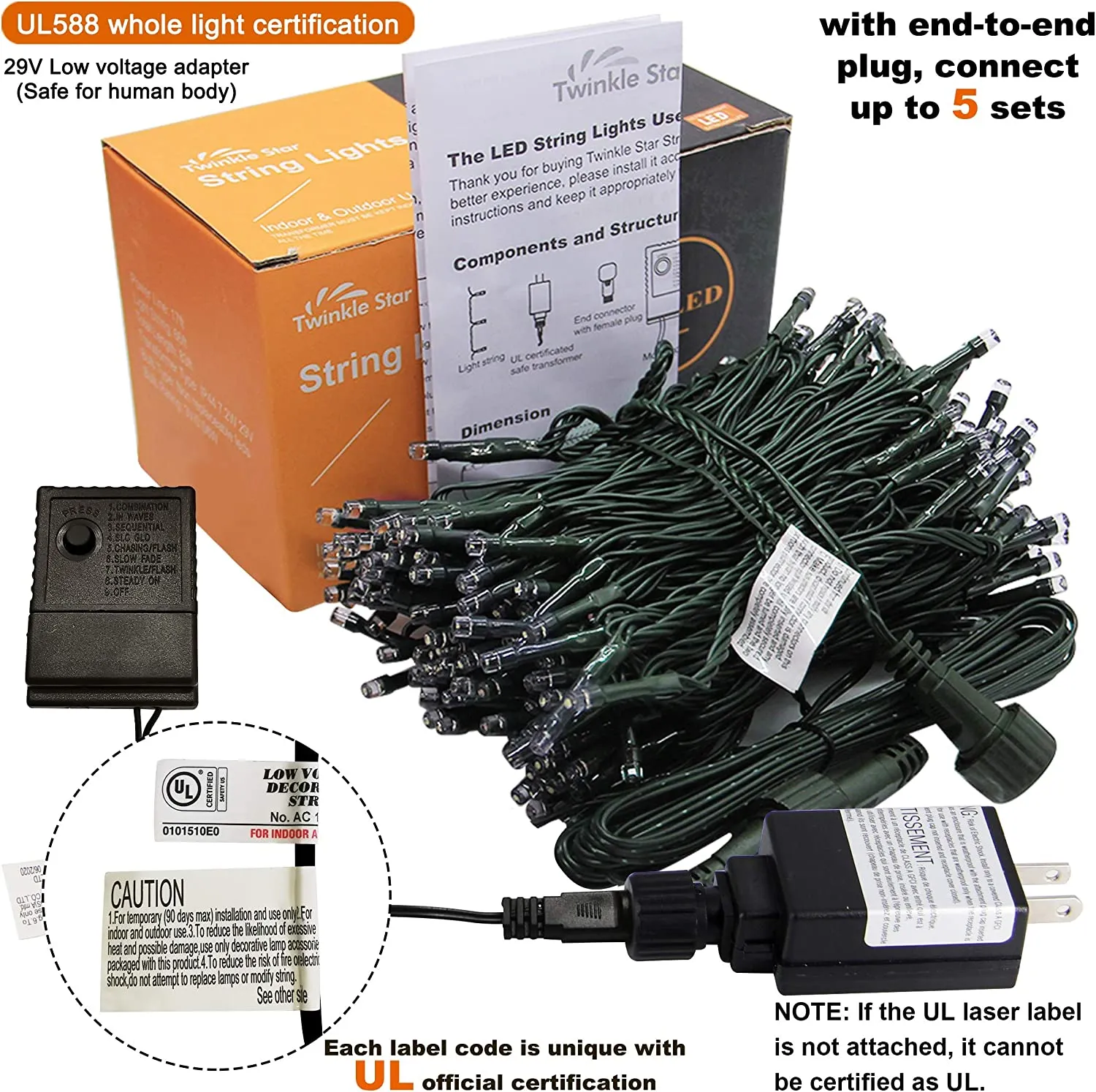 200 LED Orange Halloween String Lights - 66ft - 8 Modes - Outdoor/Indoor - 1 Pack