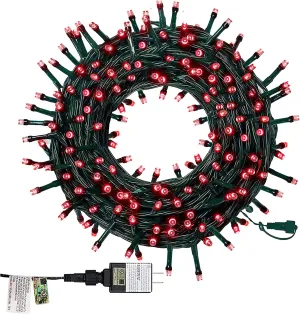 66ft 200 LED Christmas Tree String Lights - UL Safe Certified - Plug-in - Expandable Green Wire - 8 Modes - Red
