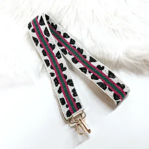 Beaded Purse Strap with Cow Print and Stripes in Hot Pink and Green