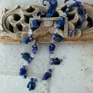 Blue Quartz Statement Necklace, Boho Recycled Sari Ribbon Collar, Gypsy Style Chunky Colorful Bib
