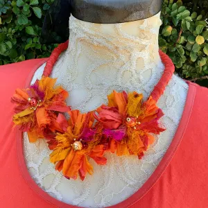 Boho Burnt Orange Flower Statement Necklace - Gypsy Style Sari Silk Ribbon Jewelry Gift for Her
