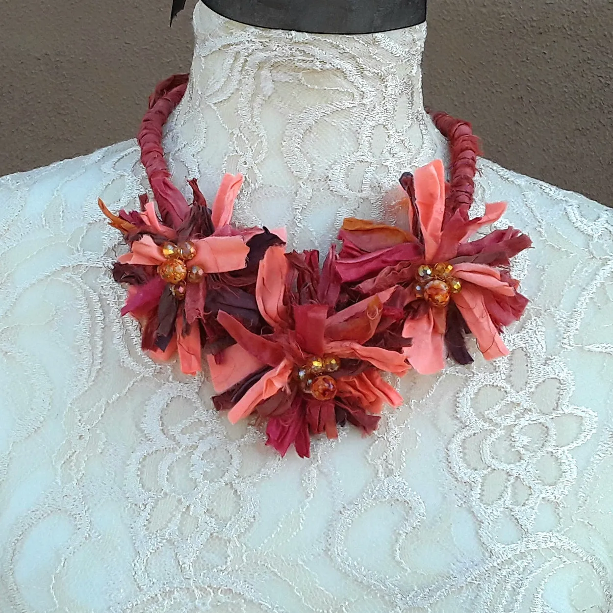 Burnt Orange Boho Flower Silk Ribbon Statement Necklace - Unique Gypsy Style Gift for Her
