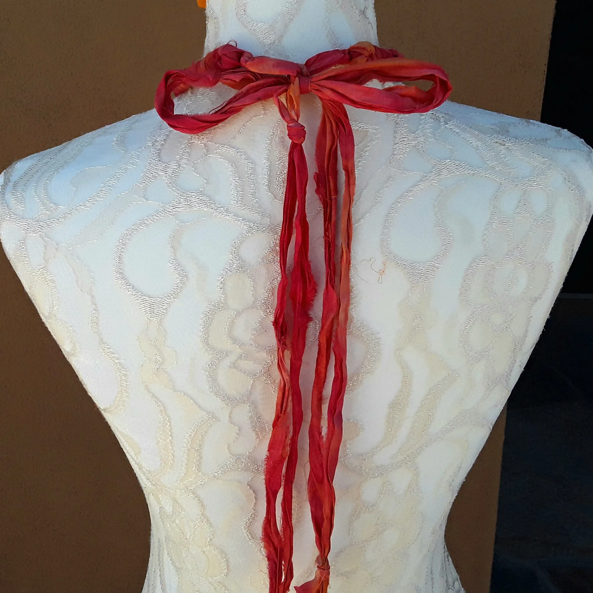 Burnt Orange Boho Silk Ribbon Flower & Tassel Statement Necklace