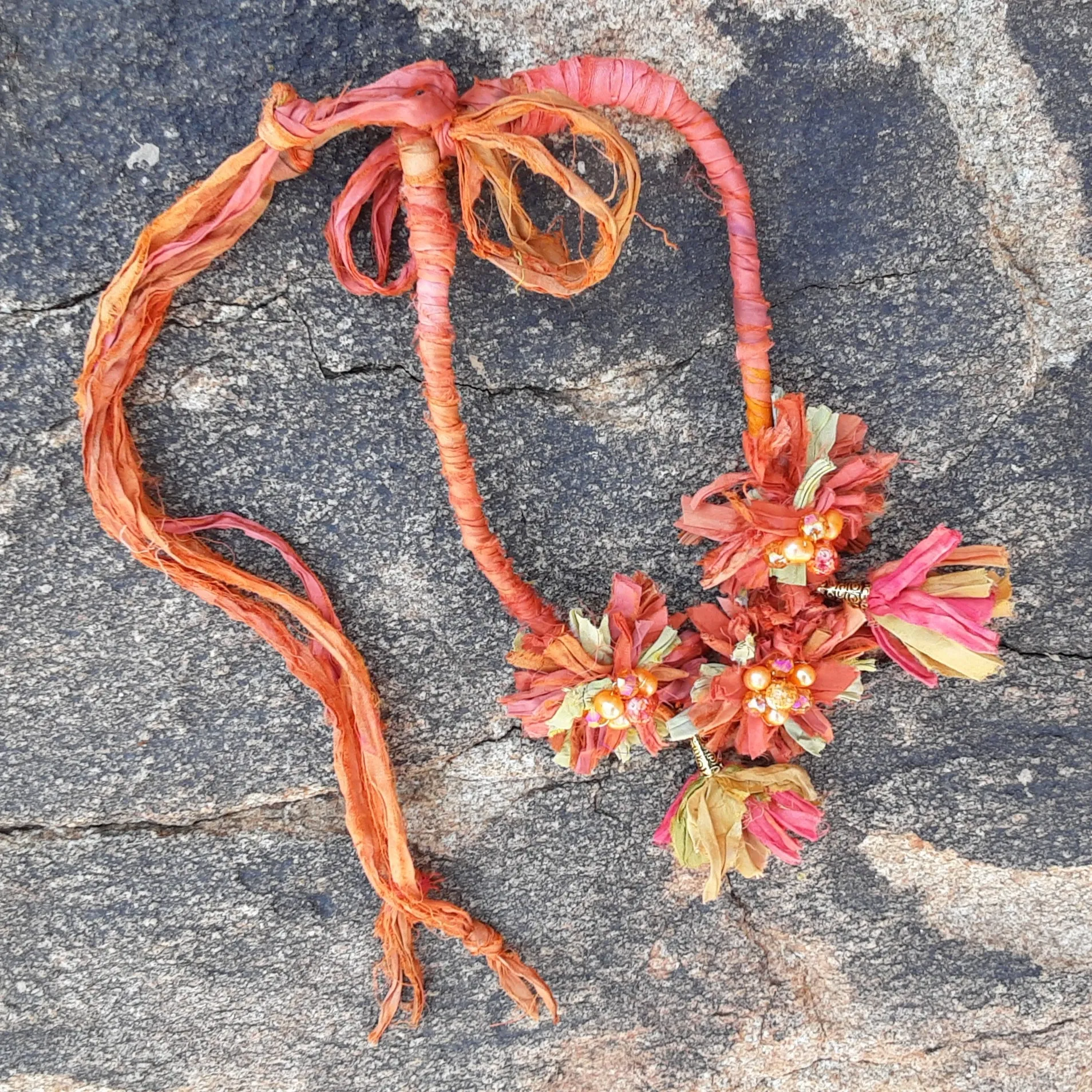 Burnt Orange Boho Silk Ribbon Flower & Tassel Statement Necklace