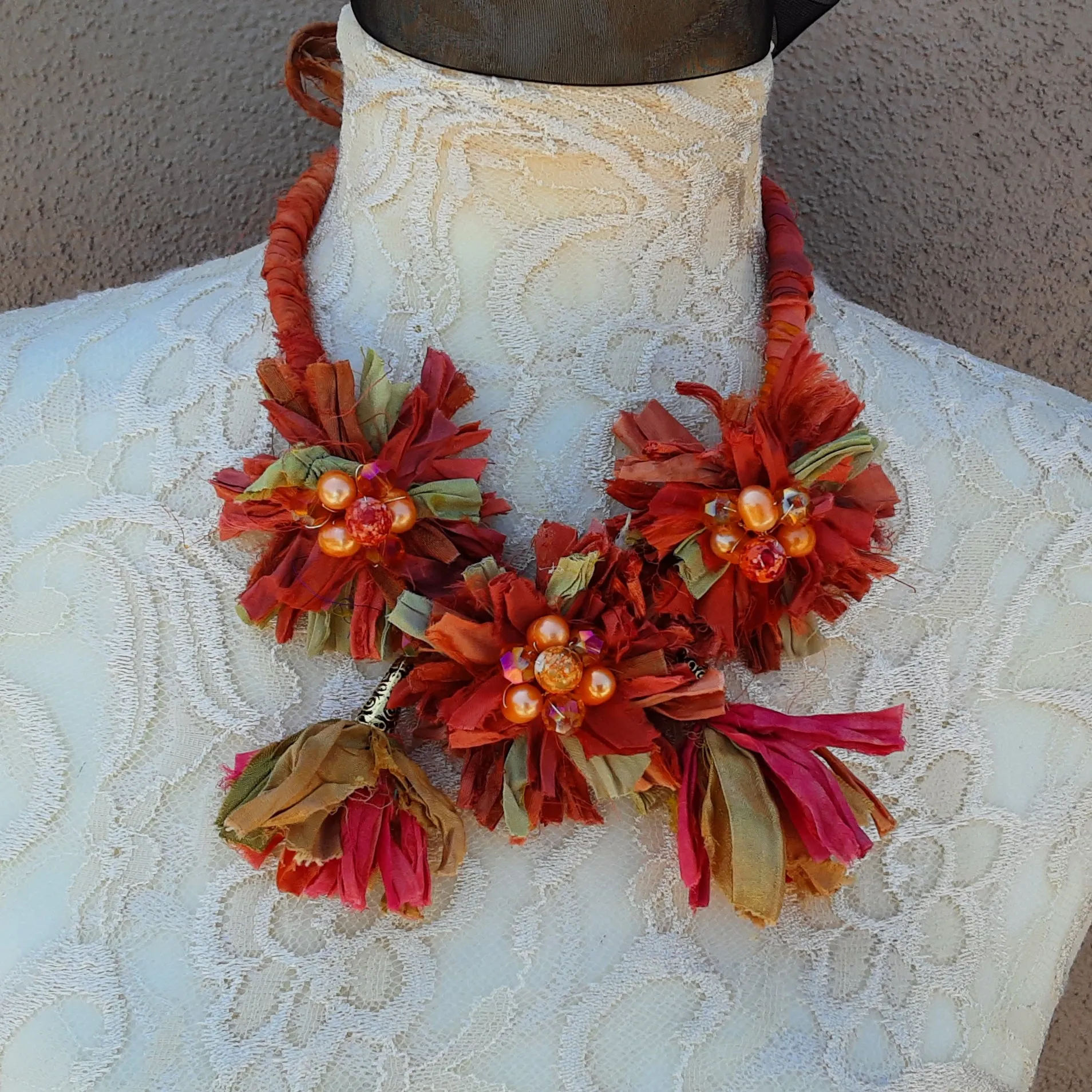 Burnt Orange Boho Silk Ribbon Flower & Tassel Statement Necklace