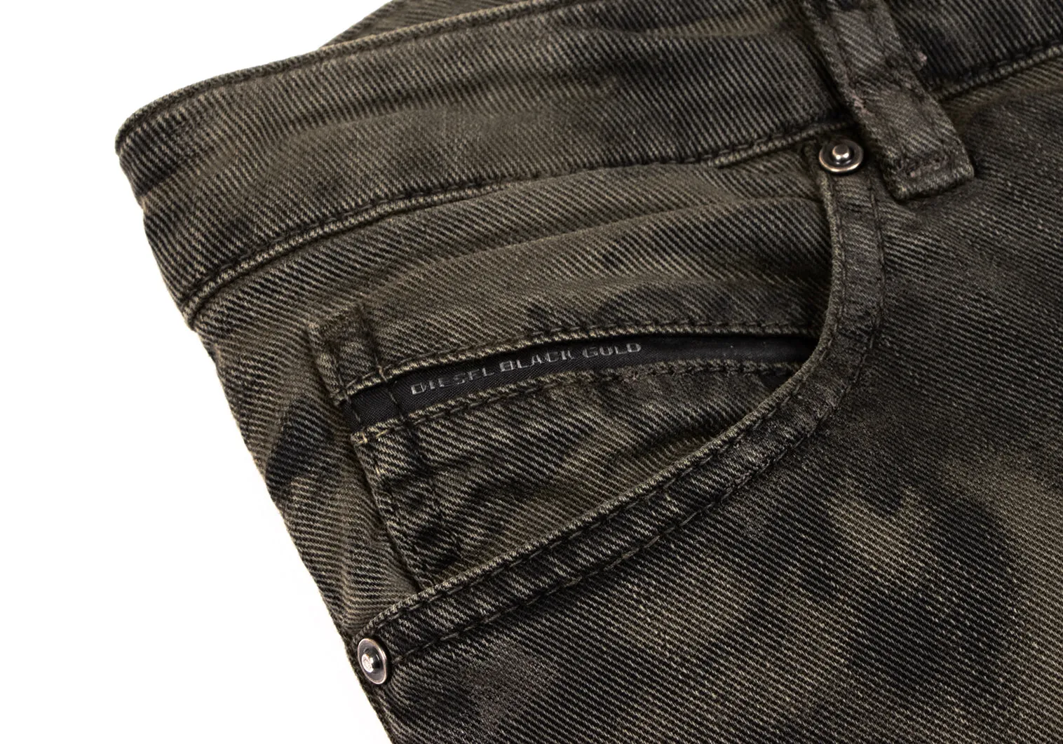 DIESEL BLACK GOLD Italy. Khaki-Green Painted Design Burnout Jeans