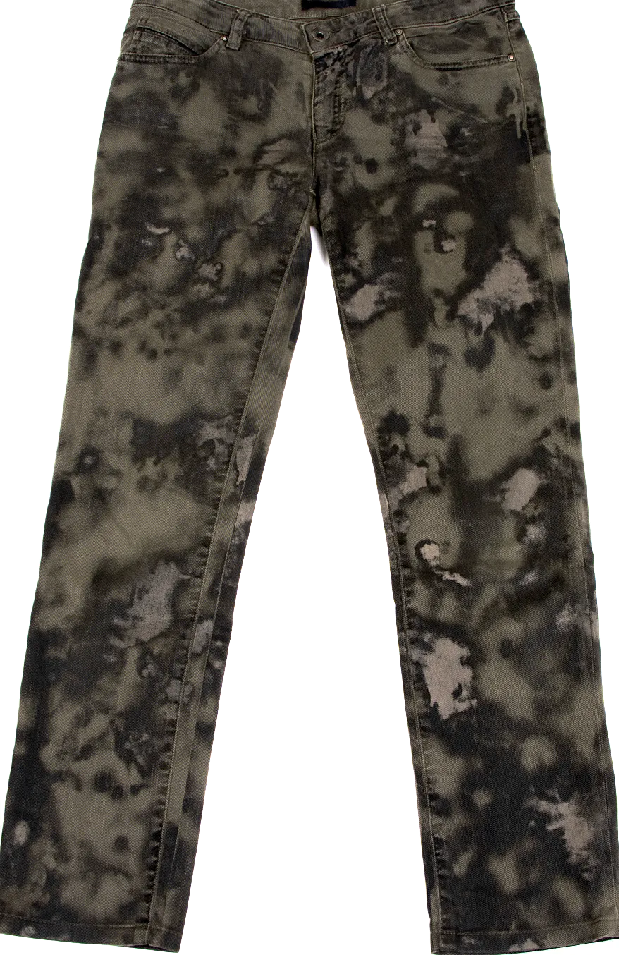 DIESEL BLACK GOLD Italy. Khaki-Green Painted Design Burnout Jeans