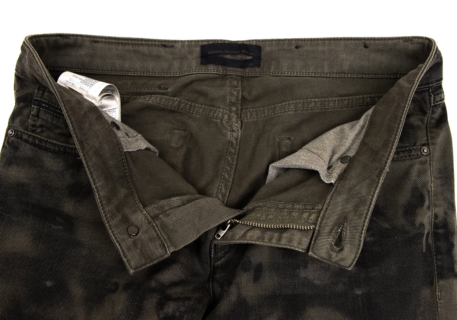 DIESEL BLACK GOLD Italy. Khaki-Green Painted Design Burnout Jeans