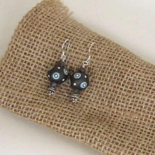 Grey, White  & Aqua Artisan Bead  Earrings