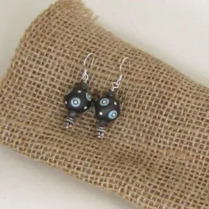 Grey, White  & Aqua Artisan Bead  Earrings