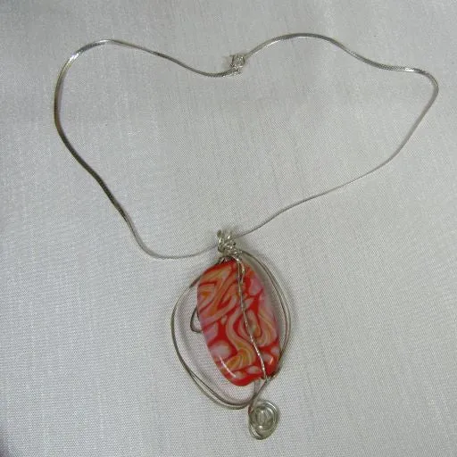 Handmade Red Artisan Wire Wrap Pendant on Silver Chain Necklace