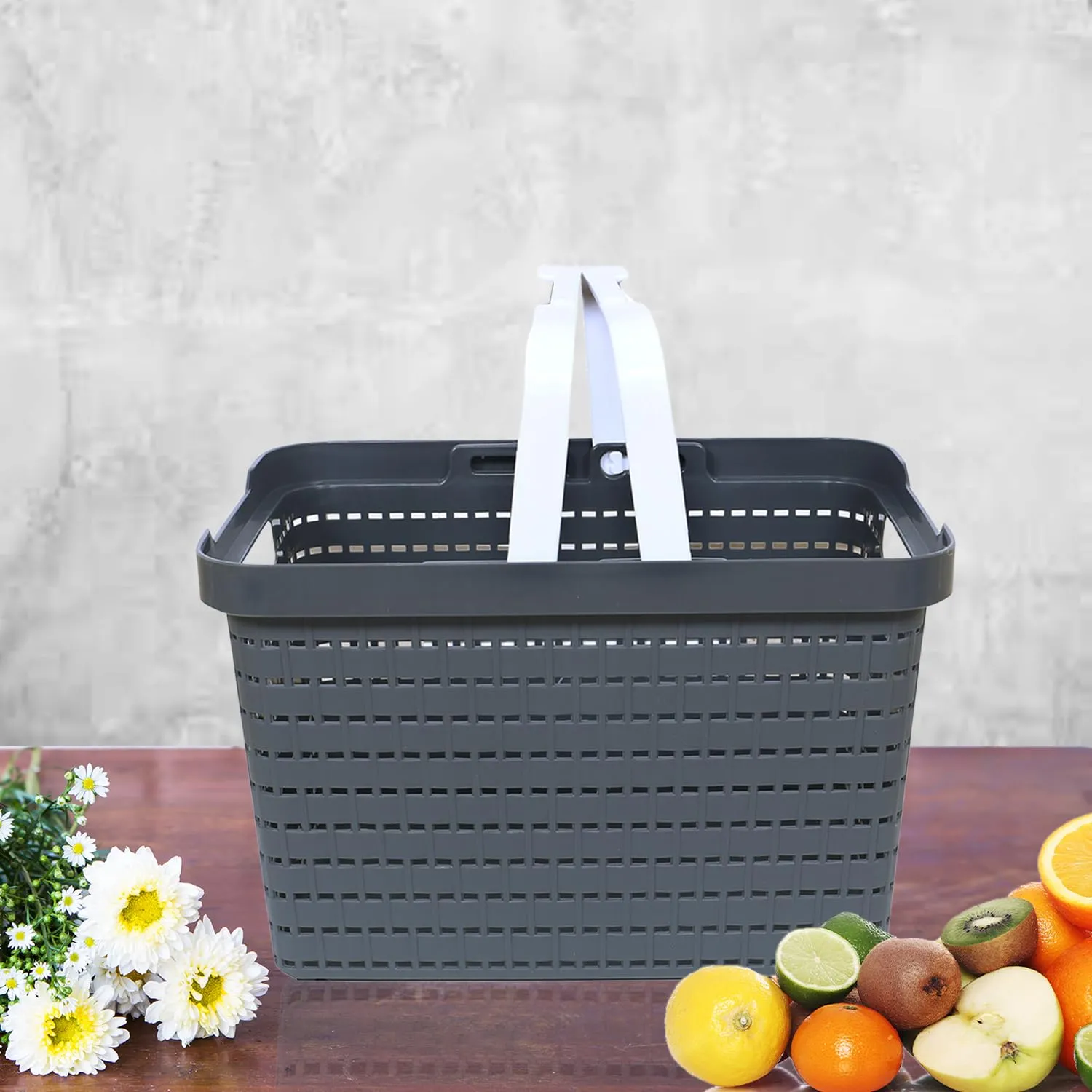 Heart Home Basket | Plastic Storage Basket for Fruits | Storage Basket for Picnic | Storage Basket for Kitchen | Stationery Storage Basket | FLORA-333 | Pack of 2 | Gray