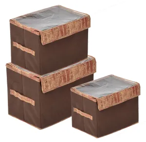 Heart Home Wooden Design Multiuses 3 Different Sizes Non-Woven Storage Box/Organizer With Tranasparent Lid- Set of 3 (Brown) -44HH0447