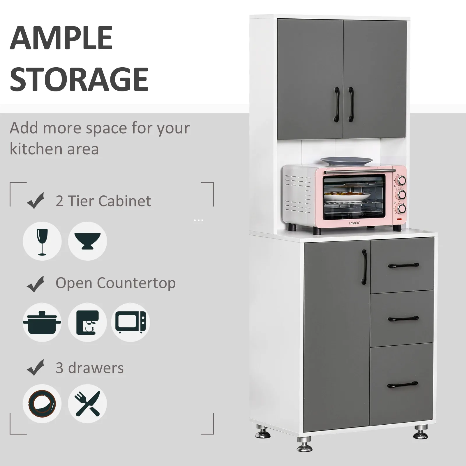 HOMCOM Modern Grey Kitchen Cupboard with Storage Cabinets, 3 Drawers, and Open Countertop for Living Room
