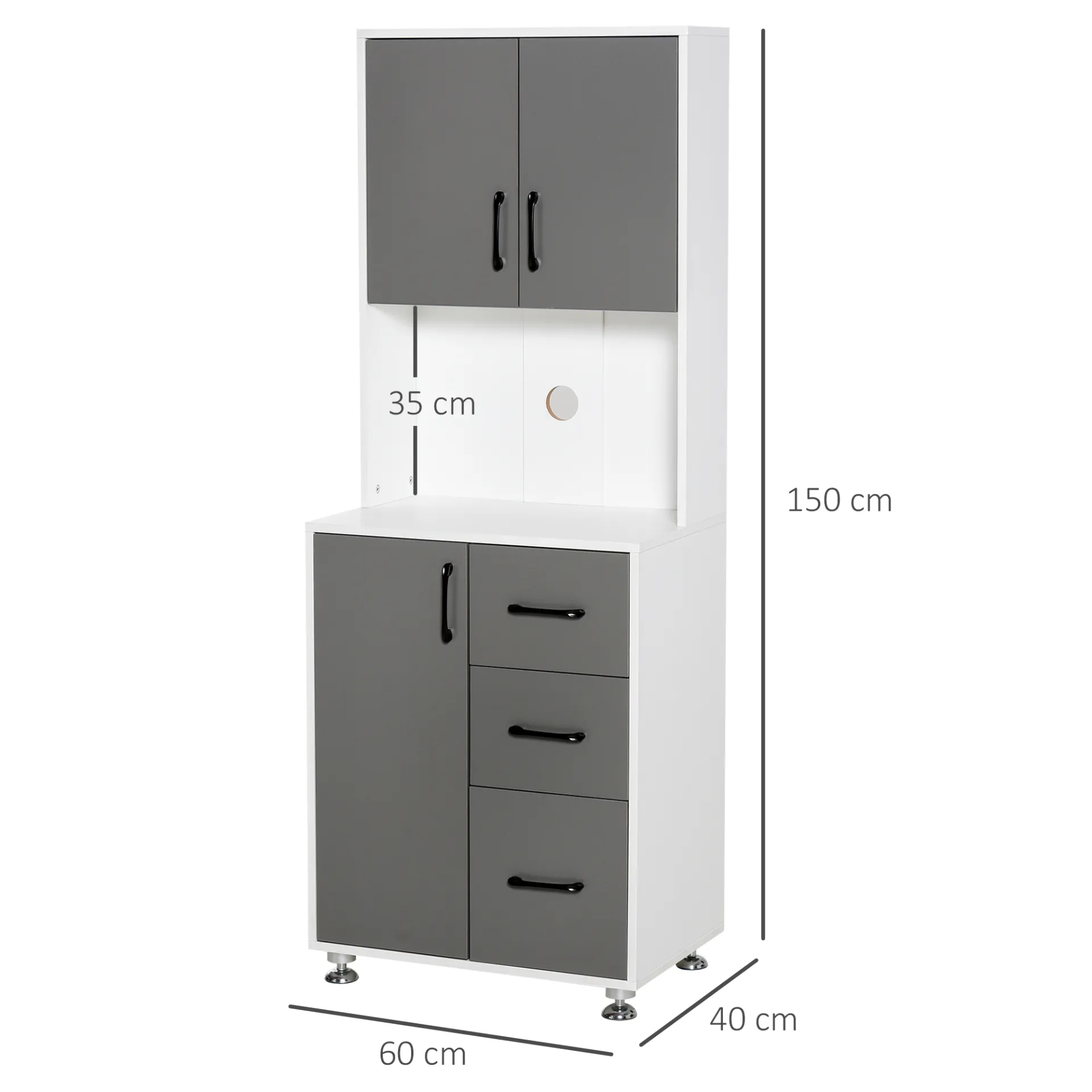 HOMCOM Modern Grey Kitchen Cupboard with Storage Cabinets, 3 Drawers, and Open Countertop for Living Room