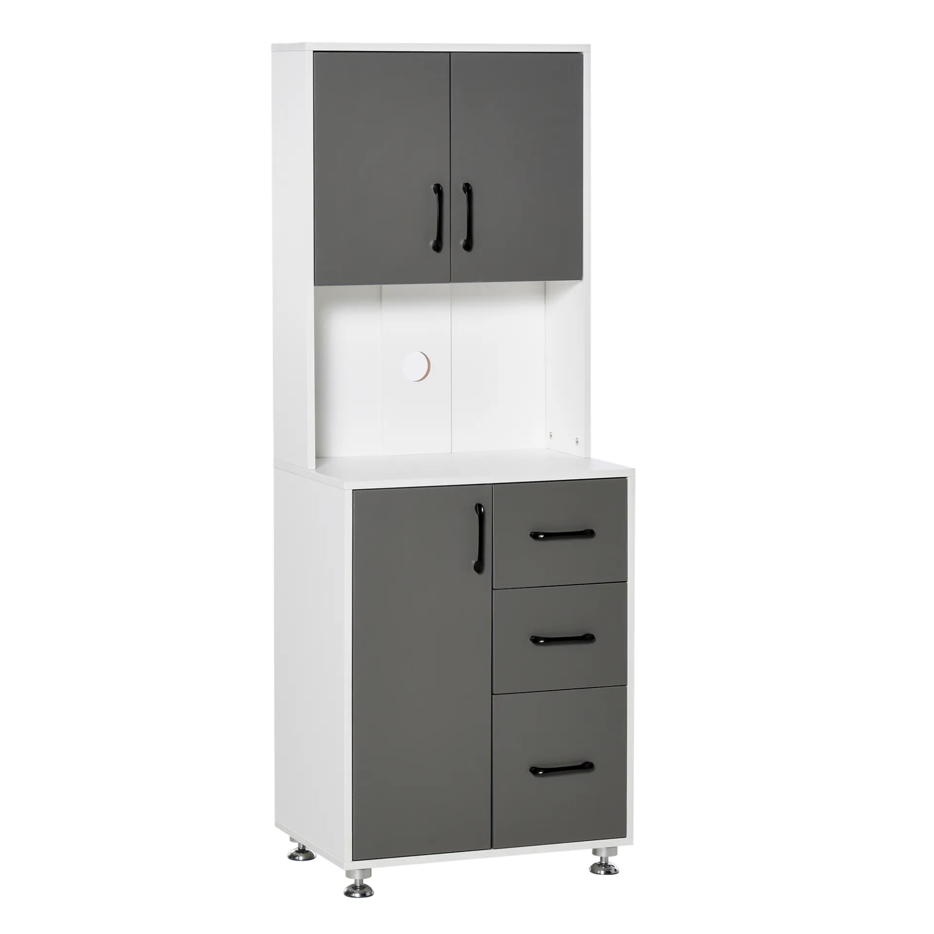 HOMCOM Modern Grey Kitchen Cupboard with Storage Cabinets, 3 Drawers, and Open Countertop for Living Room