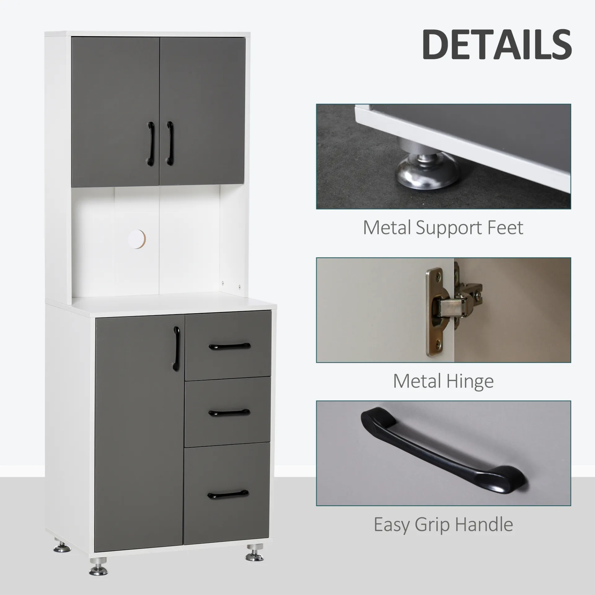 HOMCOM Modern Grey Kitchen Cupboard with Storage Cabinets, 3 Drawers, and Open Countertop for Living Room
