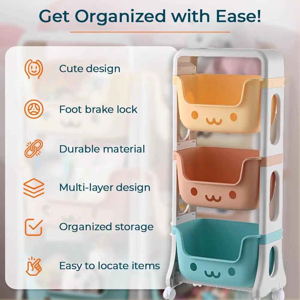 Kuber Industries 3 Layer Smiley Design Children's Storage Rack|Kids Toy Storage Organizer|3-Layer Rolling Cart|Pack of 2|Multicolor|