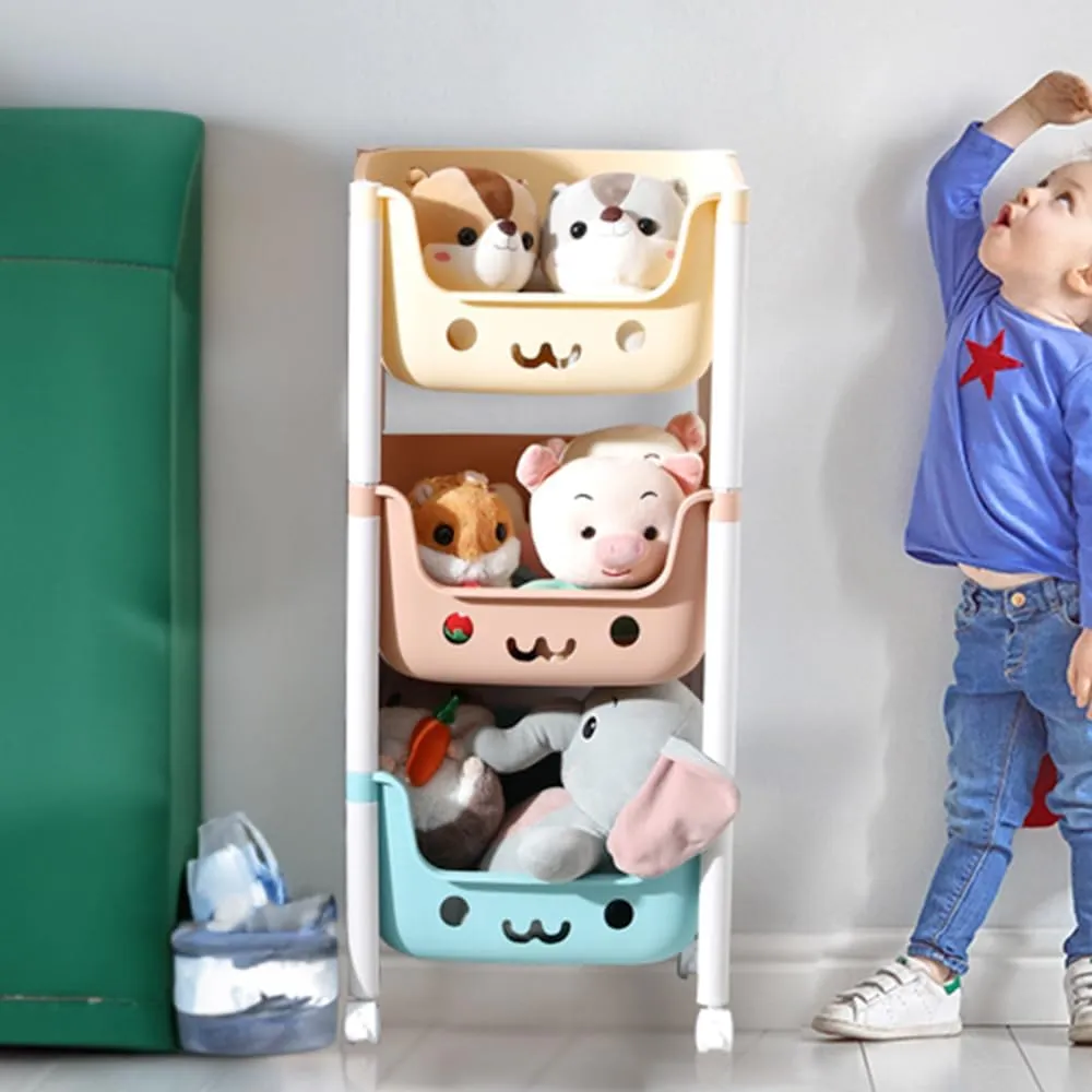 Kuber Industries 3 Layer Smiley Design Children's Storage Rack|Kids Toy Storage Organizer|3-Layer Rolling Cart|Pack of 2|Multicolor|