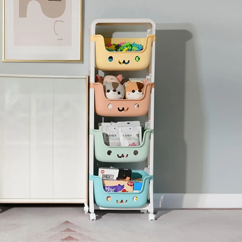 Kuber Industries 4 Layer Smiley Design Children's Storage Rack|Kids Toy Storage Organizer|4-Layer Rolling Cart|Pack of 4|Multicolor|