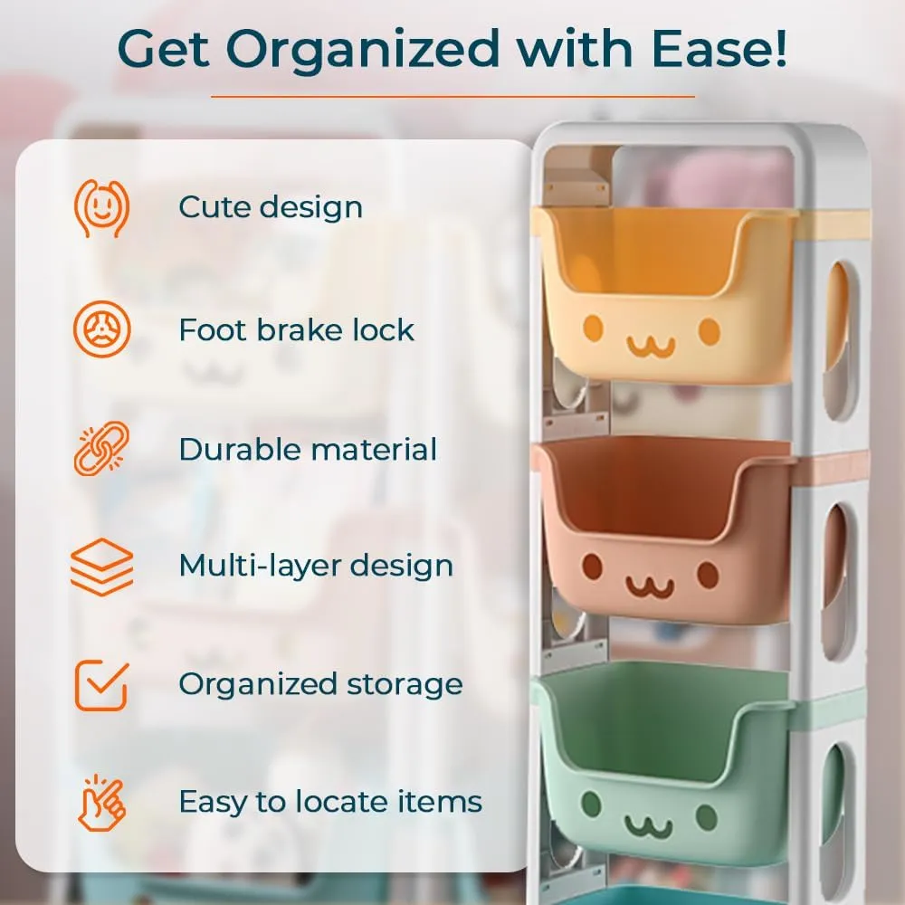 Kuber Industries 4 Layer Smiley Design Children's Storage Rack|Kids Toy Storage Organizer|4-Layer Rolling Cart|Pack of 5|Multicolor|