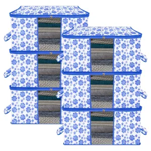 Kuber Industries Underbed Storage Bag | Clothes Storage Organizer | Blanket Cover with Clear Window | Zipper Closure & Handle Cloth Organizer | Flower-Design | Large | Pack of 6 | Blue