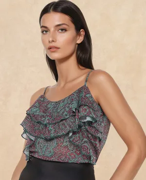 Rareism Women Difi Dark Maroon Polyester Fabric Sleeveless V-Neck Abstract Print Top