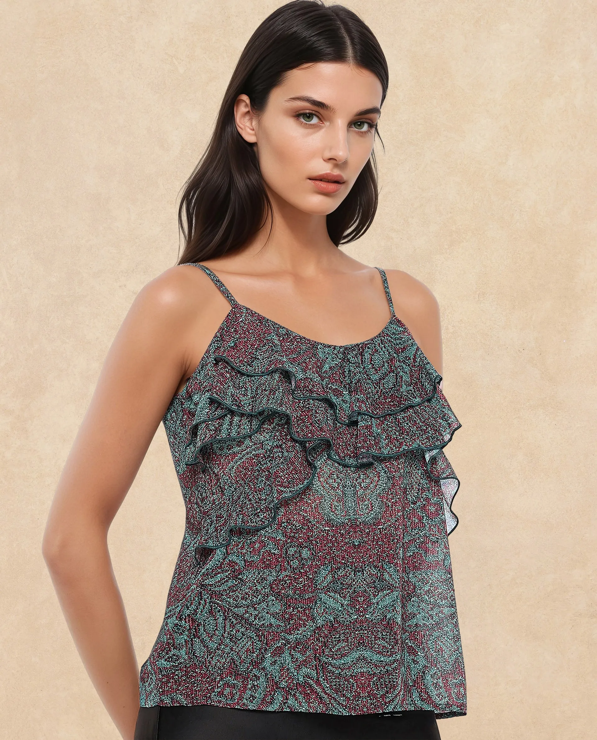 Rareism Women Difi Dark Maroon Polyester Fabric Sleeveless V-Neck Abstract Print Top