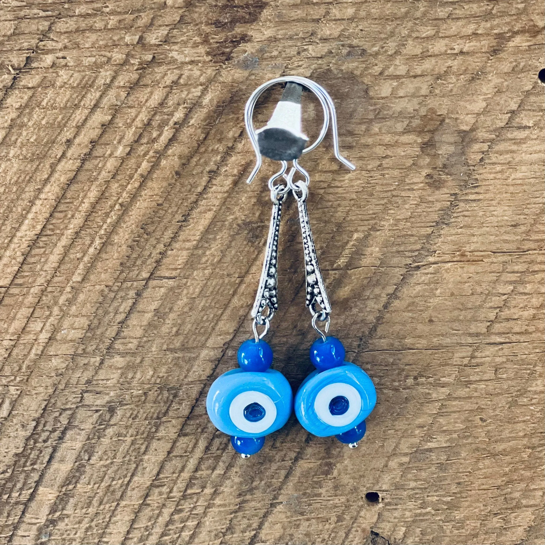 SariBlue® Boho Cornflower Blue Evil Eye Dangle Earrings
