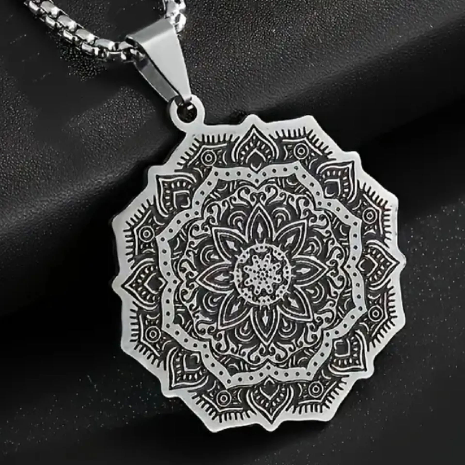 Silver Boho Mandala Pendant Necklace
