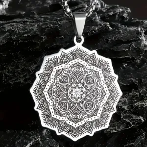 Silver Boho Mandala Pendant Necklace
