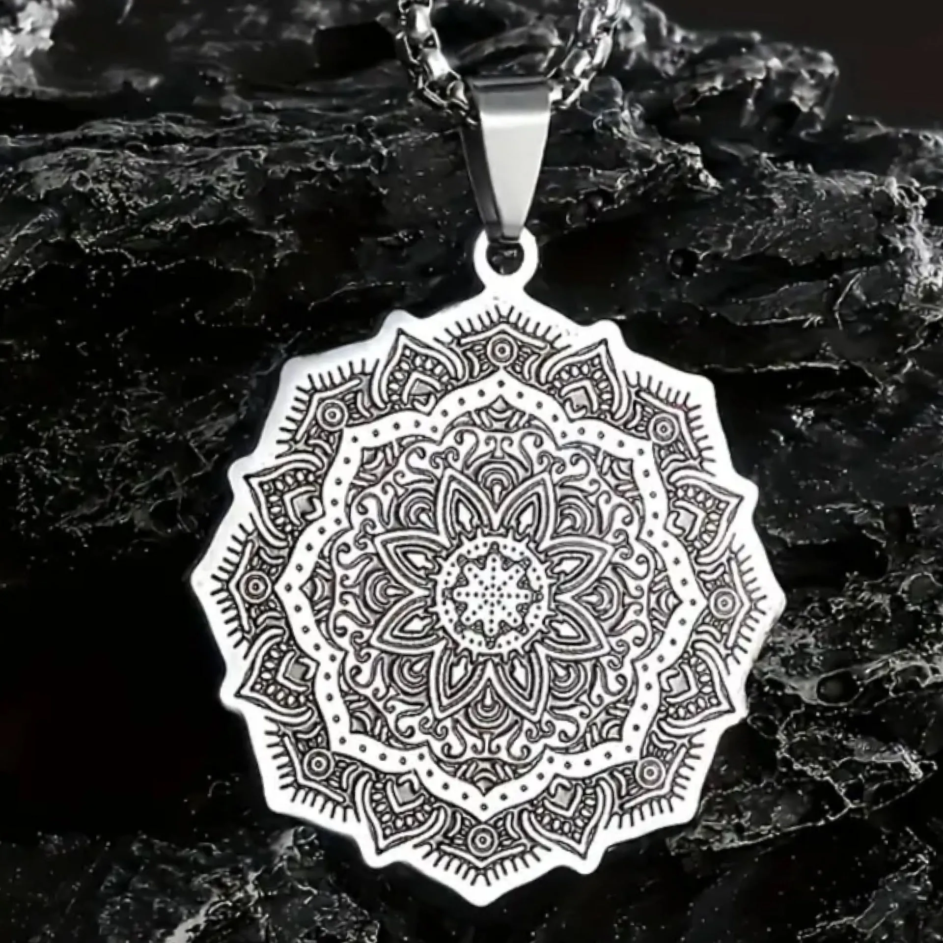 Silver Boho Mandala Pendant Necklace