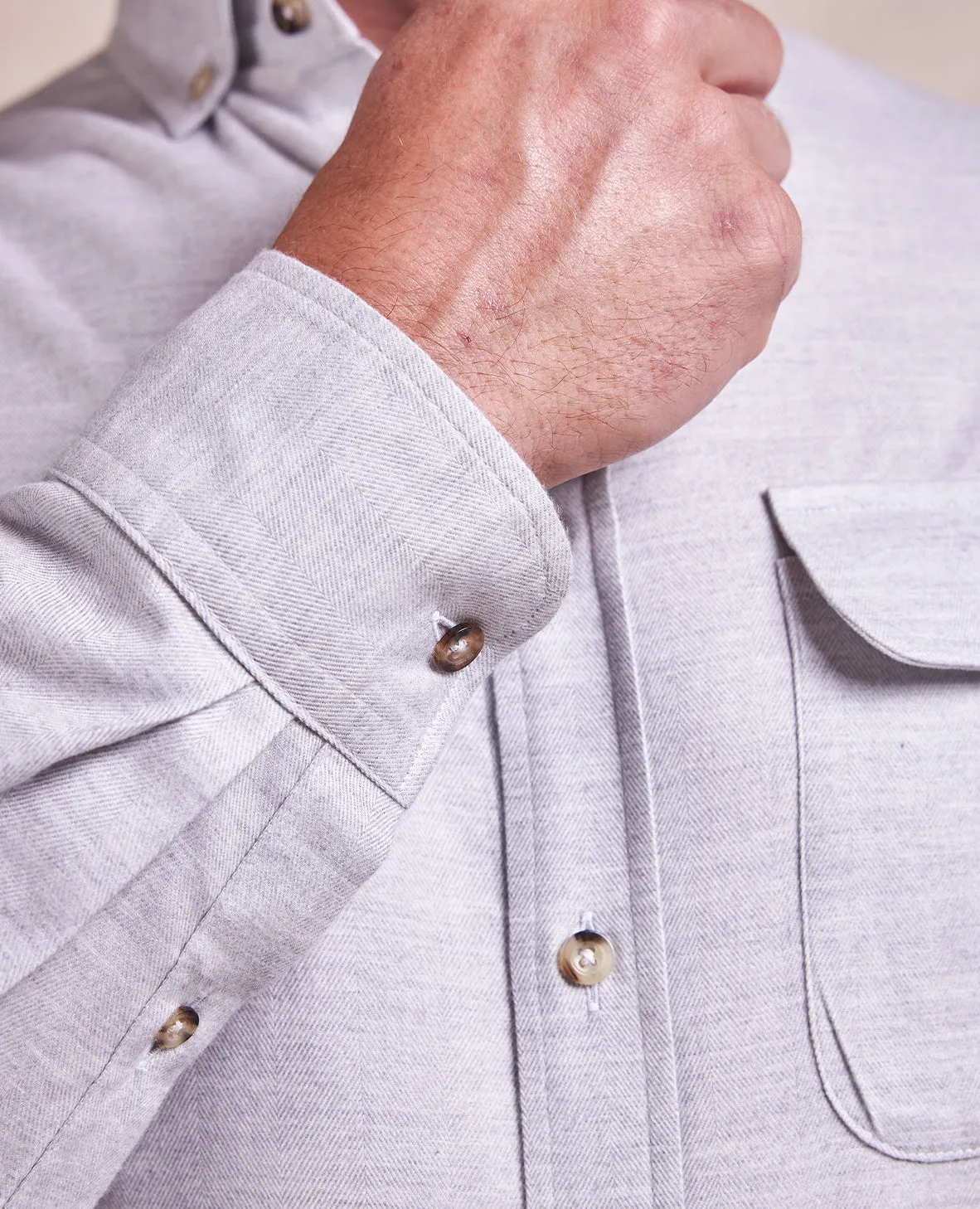 The Dean - Thomas Mason Brushed Cotton Herringbone Shirt - Light Grey