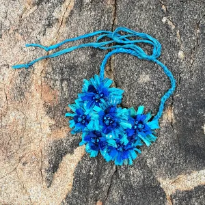 Turquoise Flower Fiber Statement Necklace, Unique Colorful Boho Sari Ribbon Collar