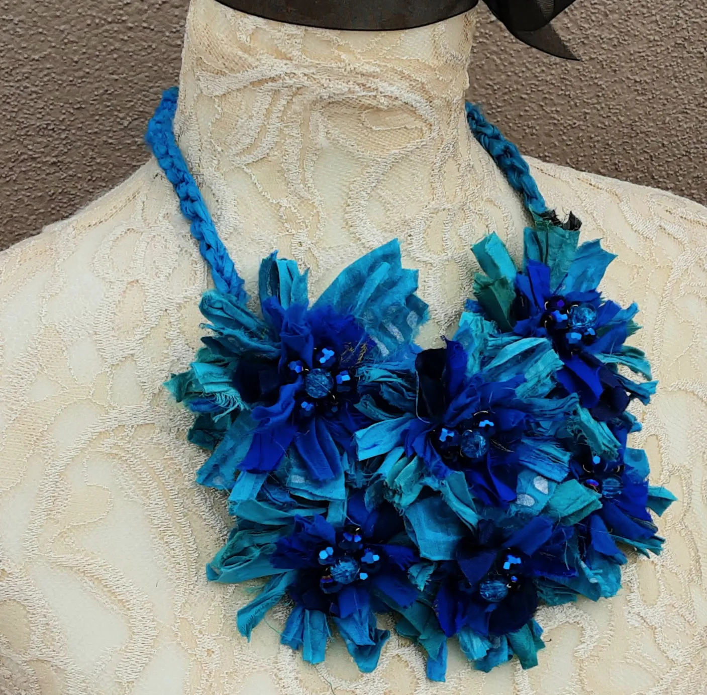 Turquoise Flower Fiber Statement Necklace, Unique Colorful Boho Sari Ribbon Collar