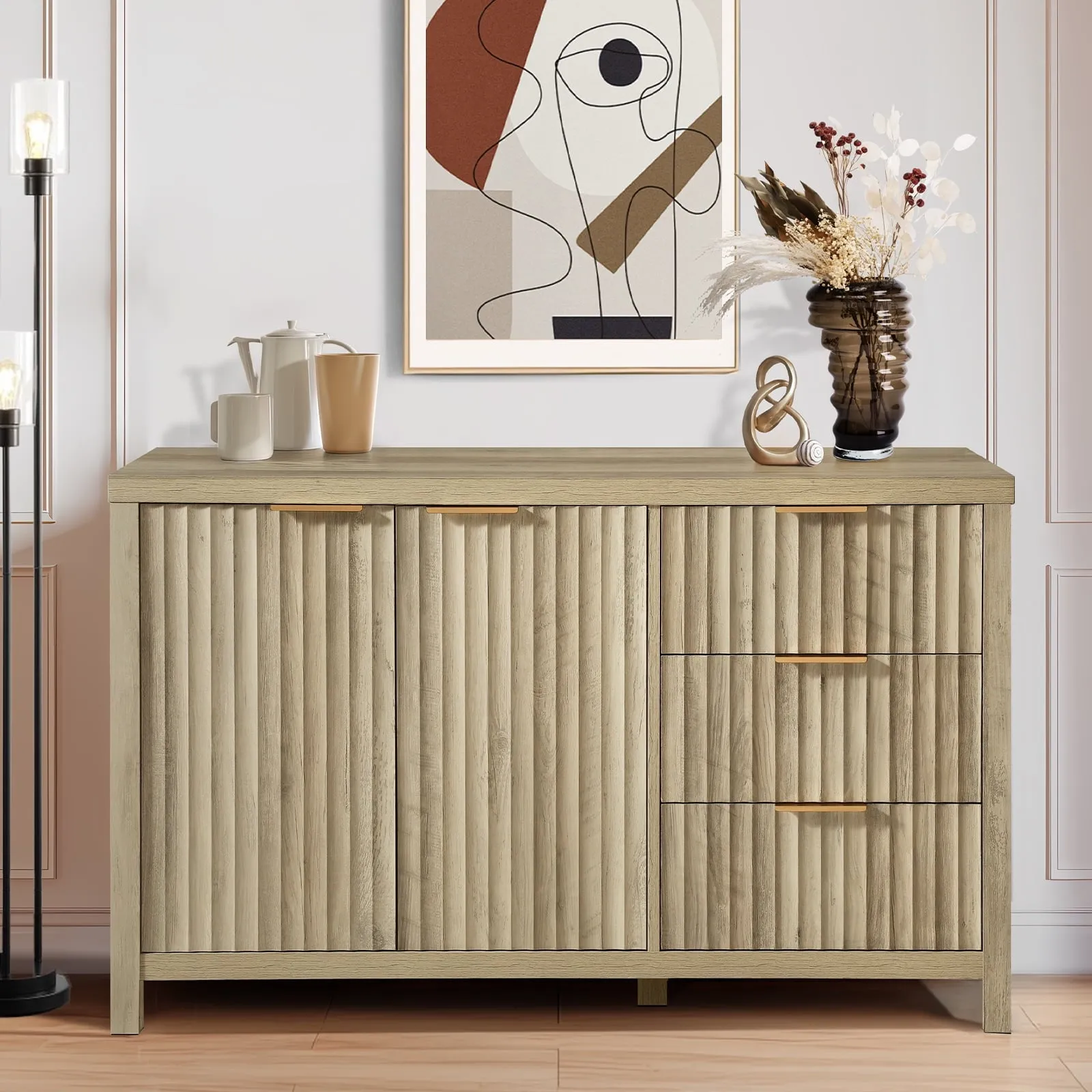 valiant 4-Door Sideboard Buffet Cabinet with Adjustable Shelves, Wave-pattern Panel, Coastal Oak