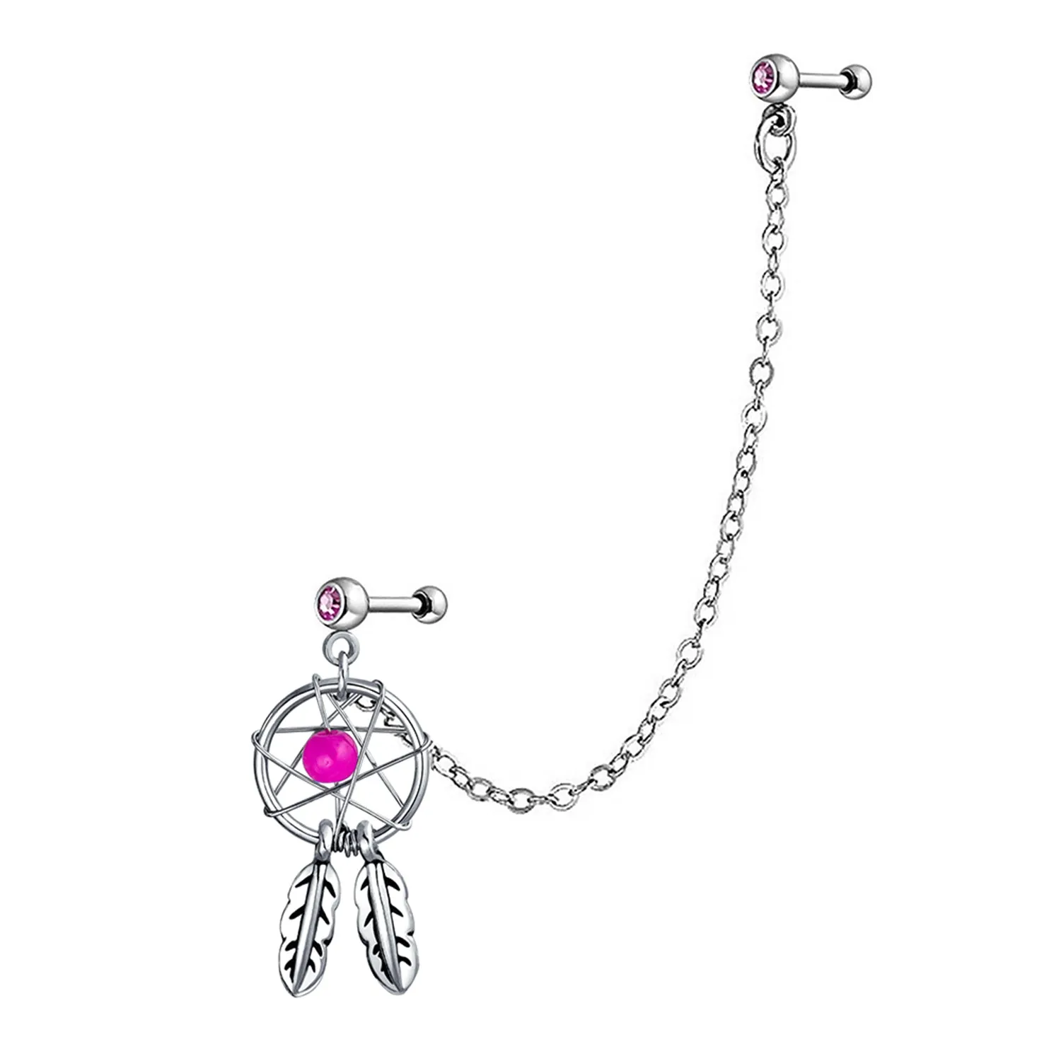 White Blue Pink Dream Catcher Feather Cartilage Ear Stud Surgical Steel 14G