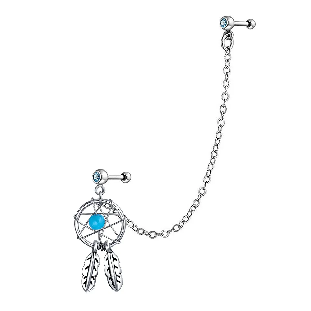 White Blue Pink Dream Catcher Feather Cartilage Ear Stud Surgical Steel 14G