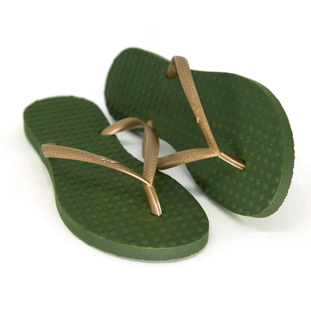 Women's Sustainable Flip Flops Army Green with Golden Straps