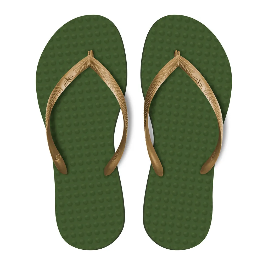 Women's Sustainable Flip Flops Army Green with Golden Straps
