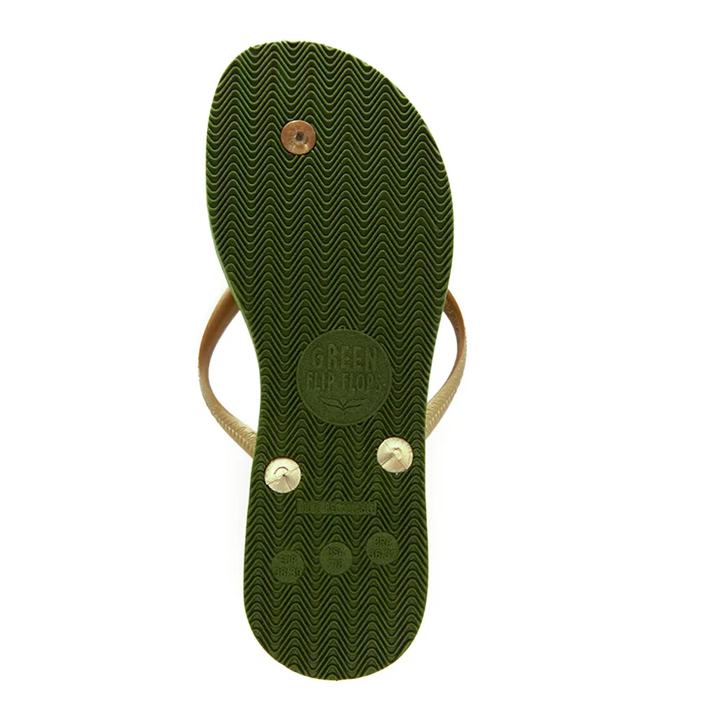 Women's Sustainable Flip Flops Army Green with Golden Straps