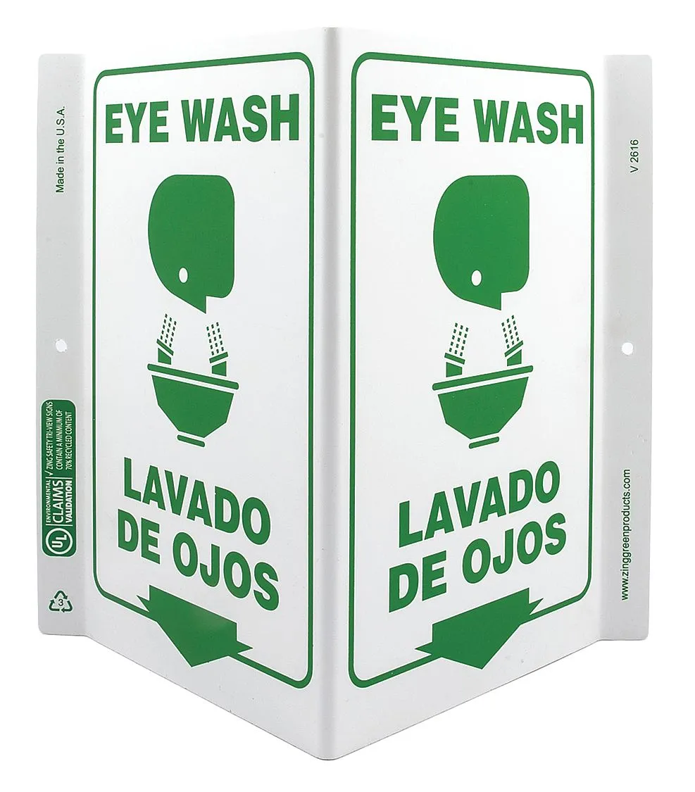 Zing Eye Wash Sign, 11 x 7In, GRN/WHT, Bilingual - 2616